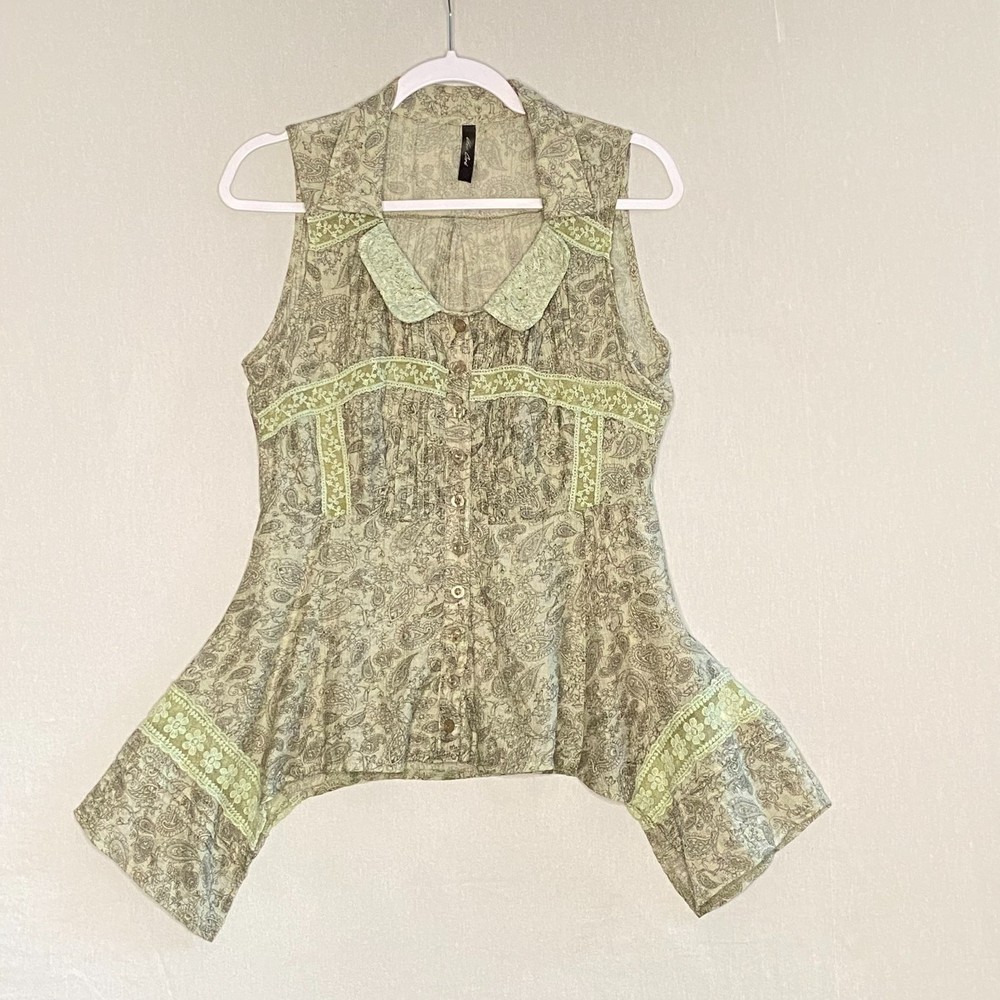 💎Uno Core' Women’s Sage Green Sheer Button Front Sleeveless Blouse L